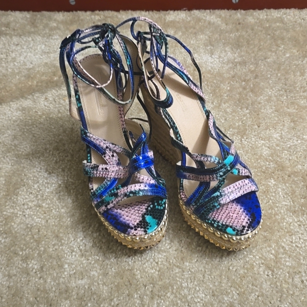 Asos blue, green, beige snakeskin gold studded strappy espadrilles